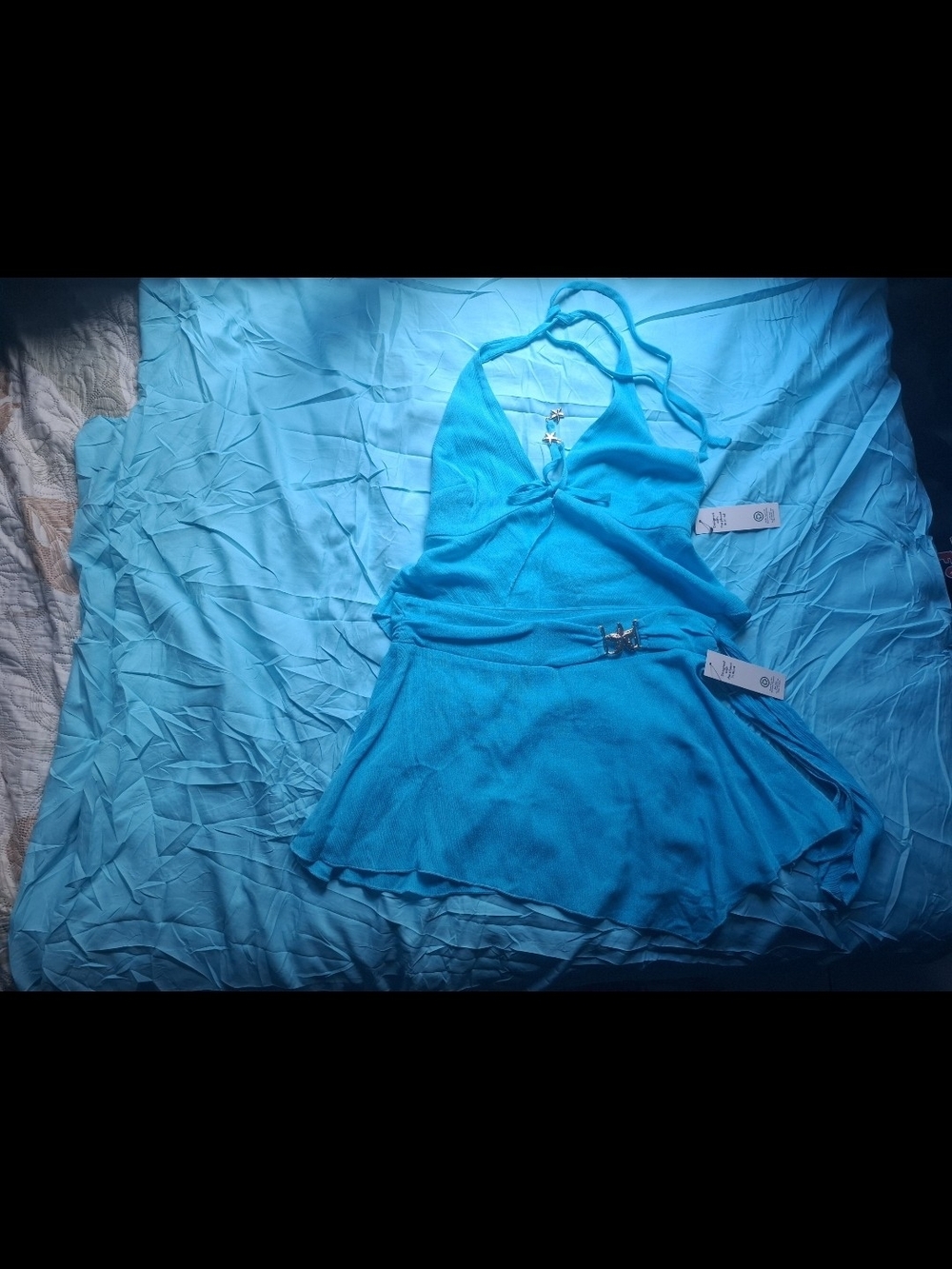 Women’s Blue Halter Skater Top with Decorative Accent